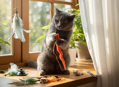 9 Pcs Interactive Cat Feather Toys for Indoor Self Play & Exercise, Cat Wand Toy, 2 Play Modes Kitten Teaser Wand, Reusable Suction Cup Kitten Toys