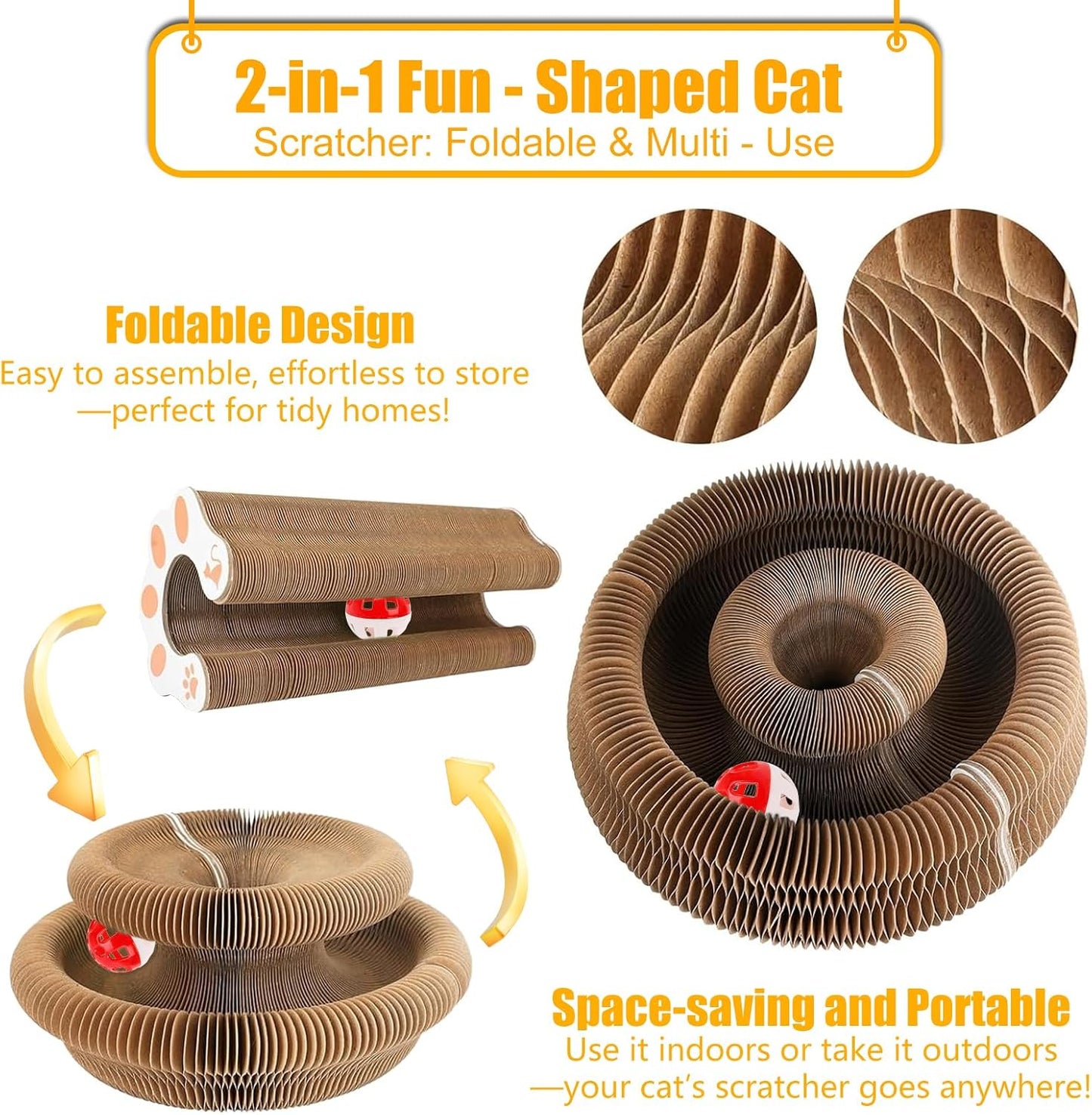 2-Pack Magic Organ Cat Scratching Board – Kitty Kurls Cat Scratcher Toy with Bell Balls for Indoor Cats, Interactive Cardboard Kitty Toy Scratcher, Furniture Protection