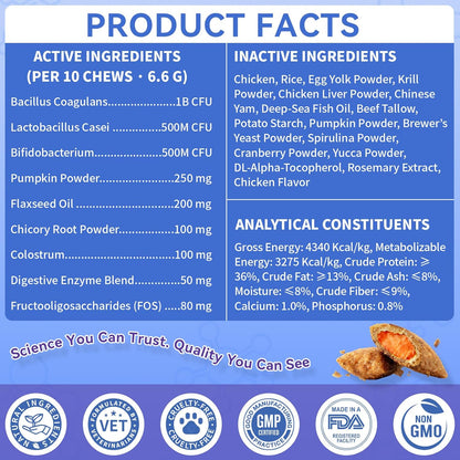 Dog Probiotics Chews 500 Chews, Sensitive Stomach Support Crunchy Shell with Krill Core, Triple Probiotics & Prebiotics, Digestion, Immunity & Skin Care, Chicken Flavor, for All Breeds & Sizes Dogs