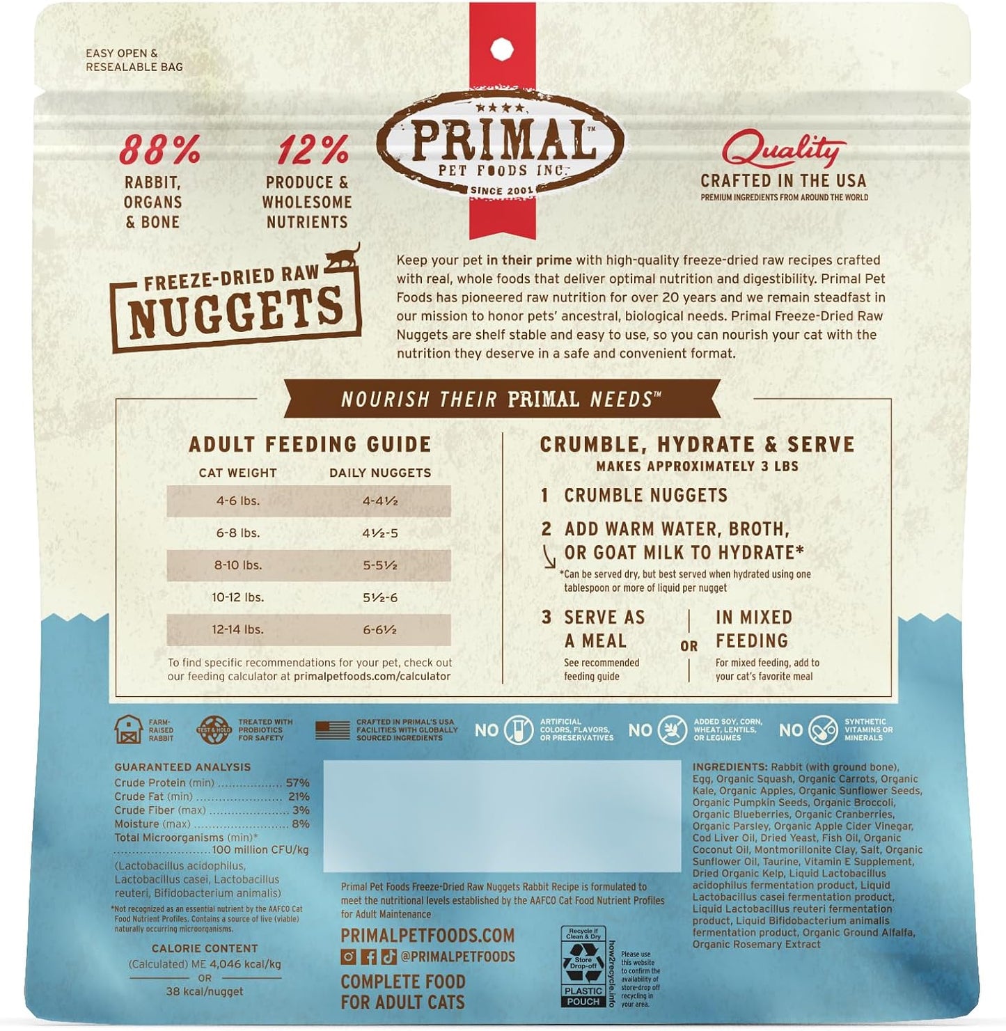 Primal Freeze Dried Raw Cat Food Nuggets Rabbit, Complete & Balanced Meal or Topper, Premium, Healthy, Grain Free, High Protein Raw Cat Food with Probiotics (14 oz)