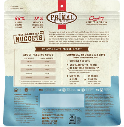 Primal Freeze Dried Raw Cat Food Nuggets Rabbit, Complete & Balanced Meal or Topper, Premium, Healthy, Grain Free, High Protein Raw Cat Food with Probiotics (14 oz)