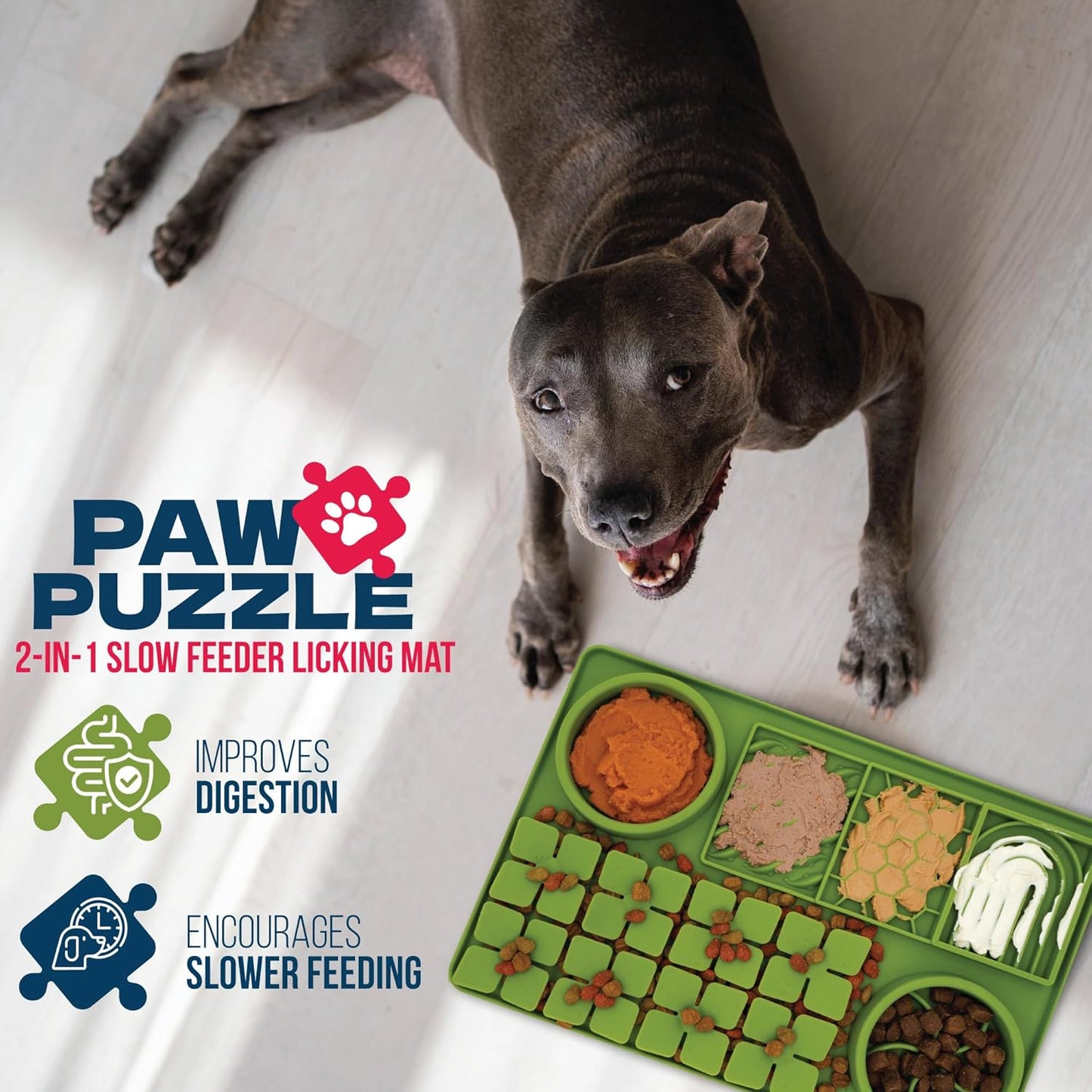 Palz&Co Paw Puzzle 2-in-1 Slow Feeder & Lick Mat - Large 15.75"x10.5" Green Non-Slip Silicone Mat for Dogs & Cats, Dry or Wet Food, Enrichment Puzzle Feeder, Dishwasher Safe