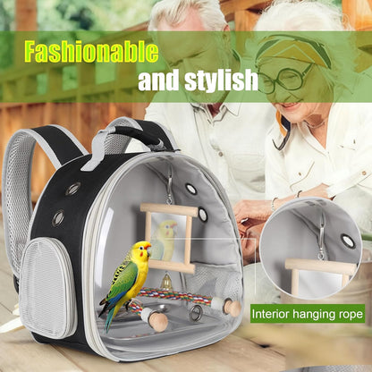Bird Travel Carrier Bubble Window Backpack with Mirror Parrot Standing Toy,Portable Parrot Cage Backpack with Stand Perch, Pet Travel Bag for Cockatiels,Parrots,Love Bird,Small Birds