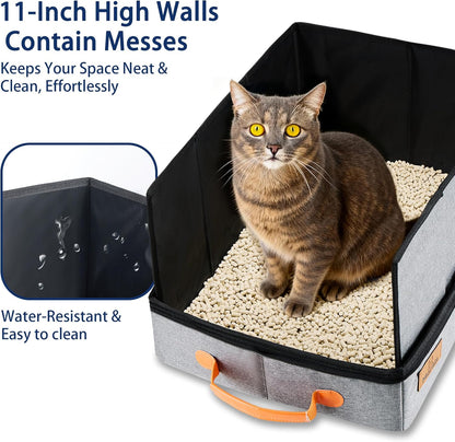 MORAIS Portable Travel Litter Box for Cats, 17.7"×13.5"×11" Collapsible Cat Litter Box with Lid, Leak-Proof Cat Litter Pan for Car Hotel Airplane, Waterproof & Easy to Carry- Gray
