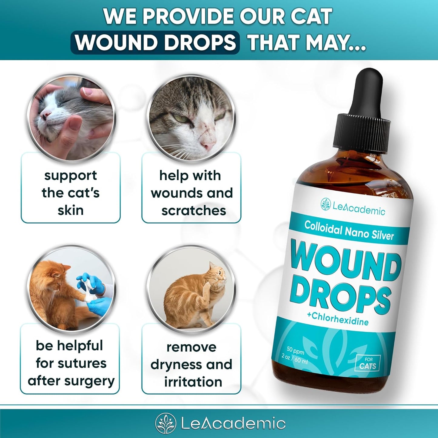 Cat Wound Care in Drops | Cat Cone May Be Beneficial Here | Nano Silver + Chlorhexidine in the Composition to Care the Skin with Bites, Scratches, Redness, Irritation, and Sutures After Surgery | 2 Oz