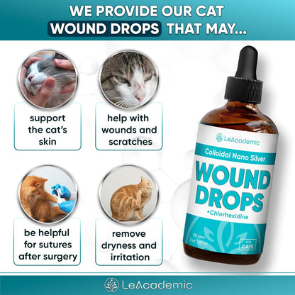 Cat Wound Care in Drops | Cat Cone May Be Beneficial Here | Nano Silver + Chlorhexidine in the Composition to Care the Skin with Bites, Scratches, Redness, Irritation, and Sutures After Surgery | 2 Oz