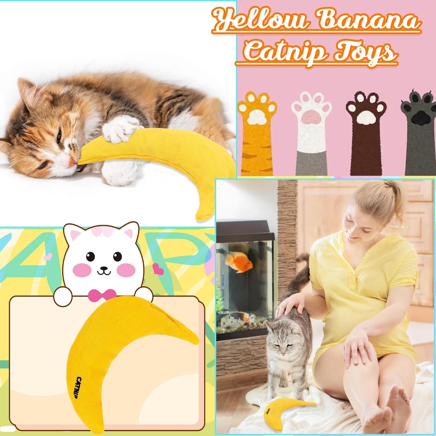 6 Pack Banana Catnip Toys Yellow Cat Chew Catnip Toys Banana Cat Pillow Toys Kitten Interactive Stuffed Banana Catnip for Kitten Cats Indoor Bites Scrub Claws Toys