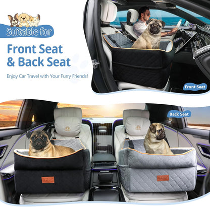 Dog Car Seat for Small Medium Dogs, Memory Foam Dog Booster Car Seat for Pets Under 35 lbs, Anti-Slip Pet Carseat with 2 Adjustable Leashes, Elevated Dog Travel Bed with Storage Pockets