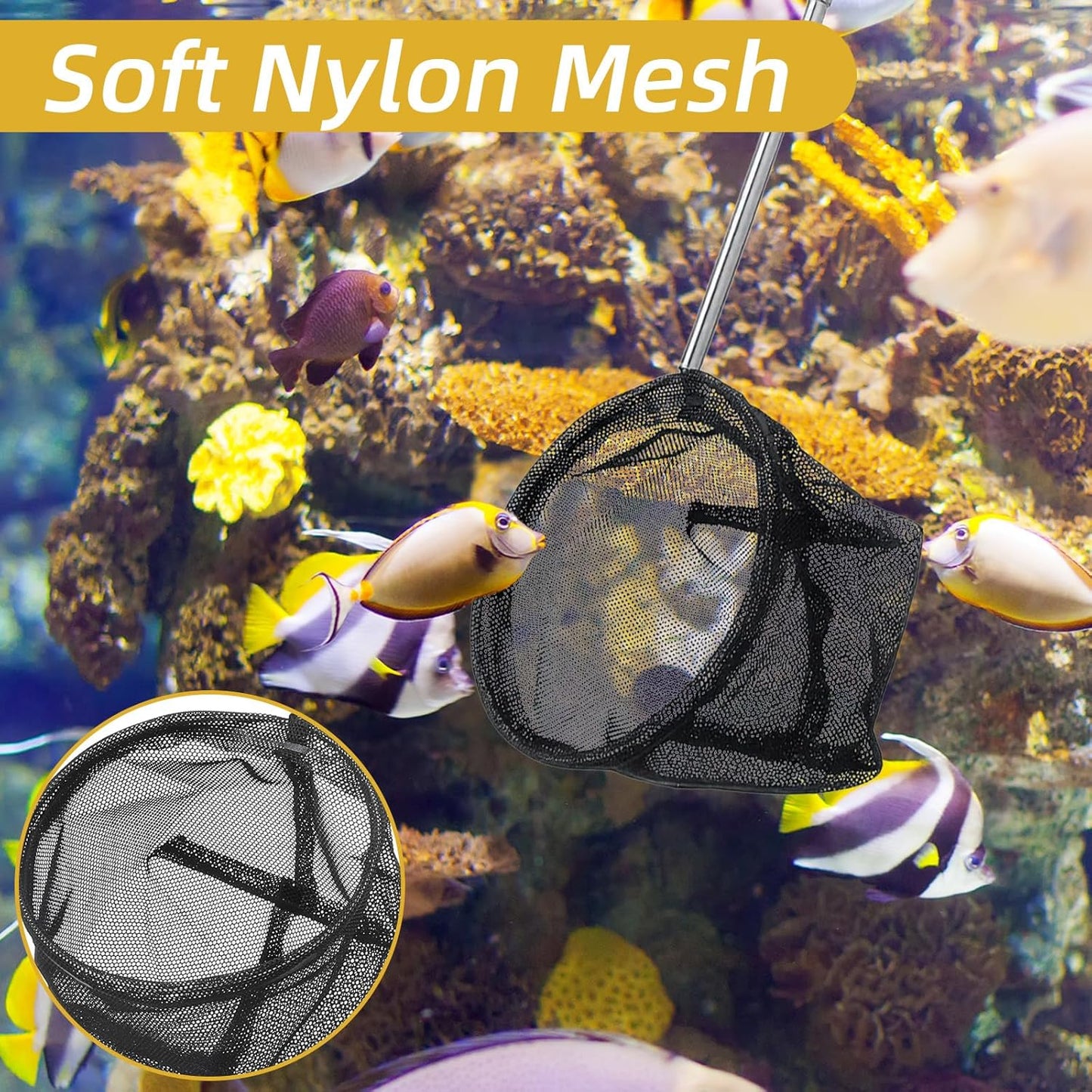 2 Pcs Small Fish Net for Fish Tank, Fishing Tank Net Small with 5-16 Inch Stainless Steel Long Handle Extendable Fine Mesh Aquarium Nets for Fishes Shrimp Pond Creek, 3In 4In