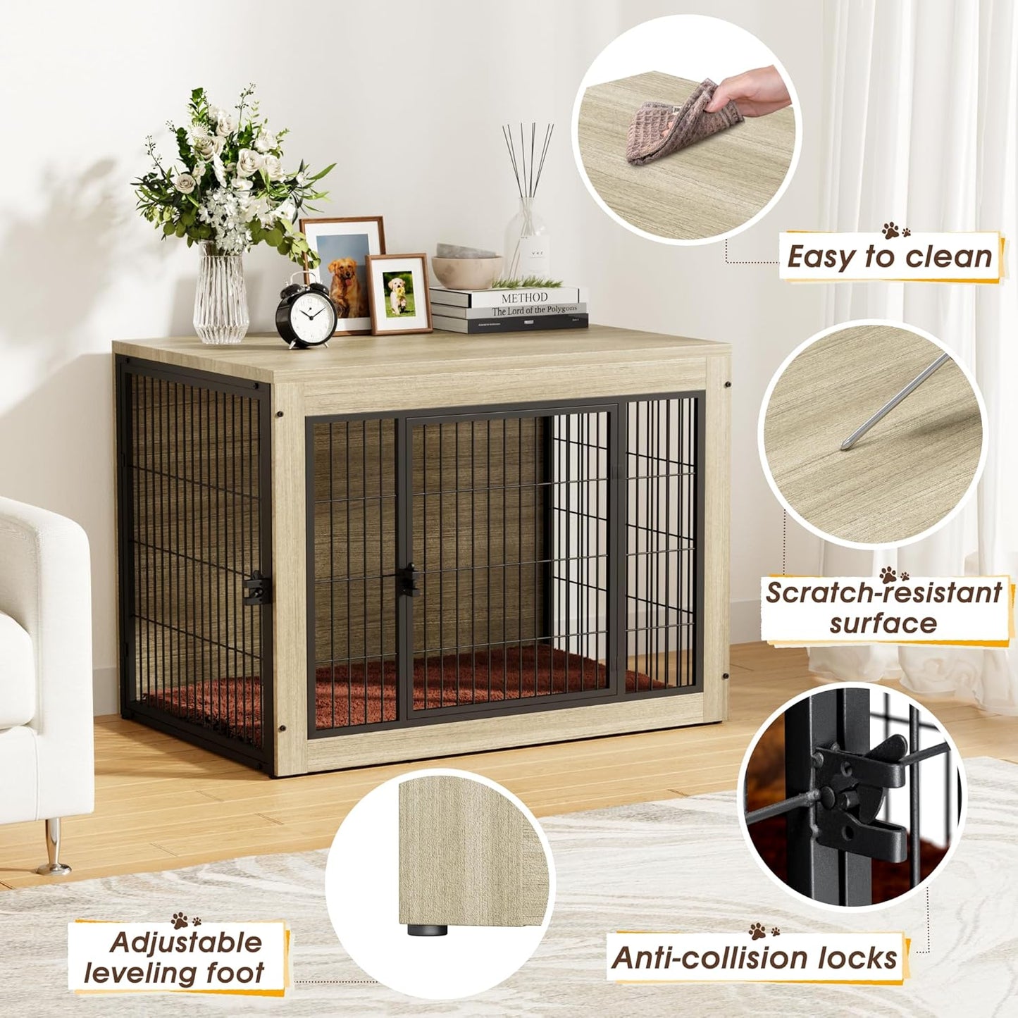 Greesum Modern Dog Crate Furniture That Doubles as a Side Table - Sturdy Wooden Kennel with Front & Side Door Access, Plush Cushion & Chew-Resistant Design for All Dog Sizes