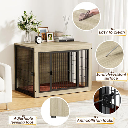 Greesum Modern Dog Crate Furniture That Doubles as a Side Table - Sturdy Wooden Kennel with Front & Side Door Access, Plush Cushion & Chew-Resistant Design for All Dog Sizes