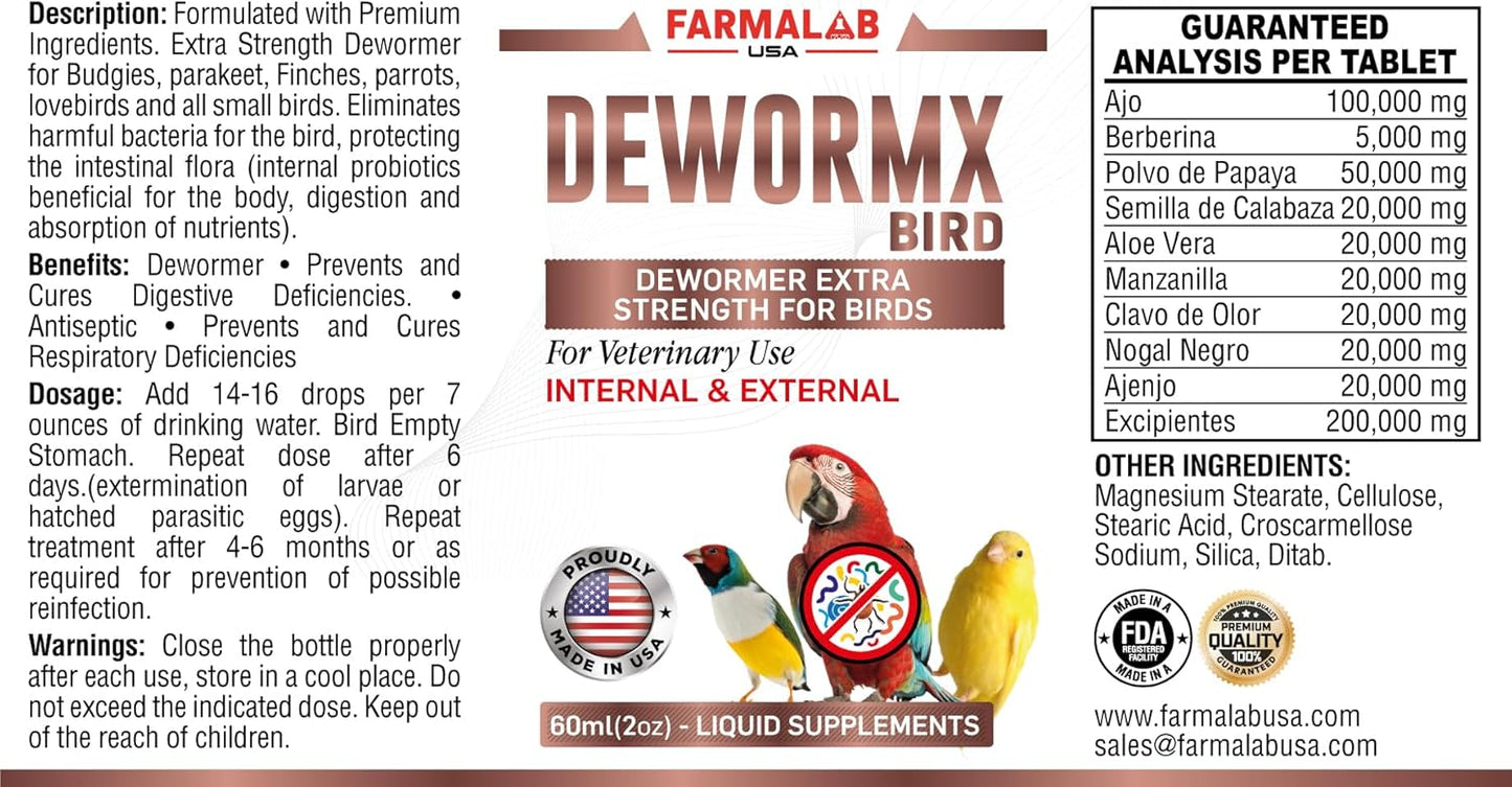 Farmalab DEWORMX Liquid Extra Strength 2oz 8oz Budgies, Parakeet, Finches, Lovebirds Small Caged Birds para periquitos, cacatillos, cotorras, Canarios, guacamayos, Quakers y Aves (Aviary 8oz)