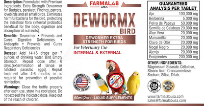 Farmalab DEWORMX Liquid Extra Strength 2oz 8oz Budgies, Parakeet, Finches, Lovebirds Small Caged Birds para periquitos, cacatillos, cotorras, Canarios, guacamayos, Quakers y Aves (Aviary 8oz)