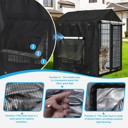Outdoor Dog Kennel Cover for 4.2'Dx4.2'Wx4.5'H Crate with 3-in-1 Window, 600D Polyester Full Coverage & Silver-Coated Interior Waterproof Dog Crate Cover for Large Dog Cage Outdoor (Cover Only)