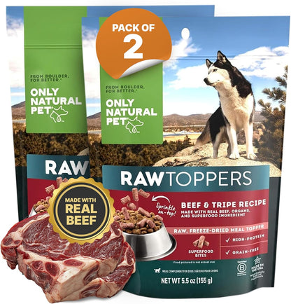 Only Natural Pet Raw Toppers Freeze Dried Beef and Tripe Recipe - Protein Packed, Great Tasting Freeze Dried Raw Food Topper for Dogs - 5.5 OZ Bag 2 Pack (B)