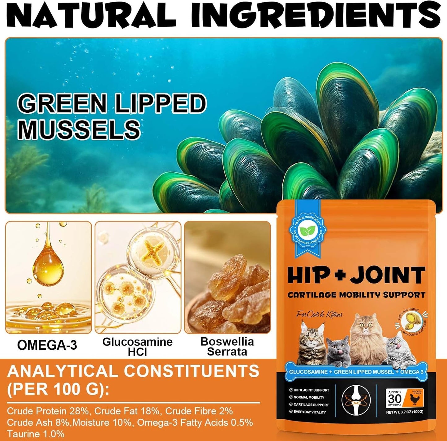 Hip & Joint Bites for Cats - Chicken Flavored Glucosamine Joint Supplement for Cats - Cat Joint Supplement for HIPS & Joints, Cat Arthritis Pain Relief, with Green Lipped Mussel, 3.7 oz