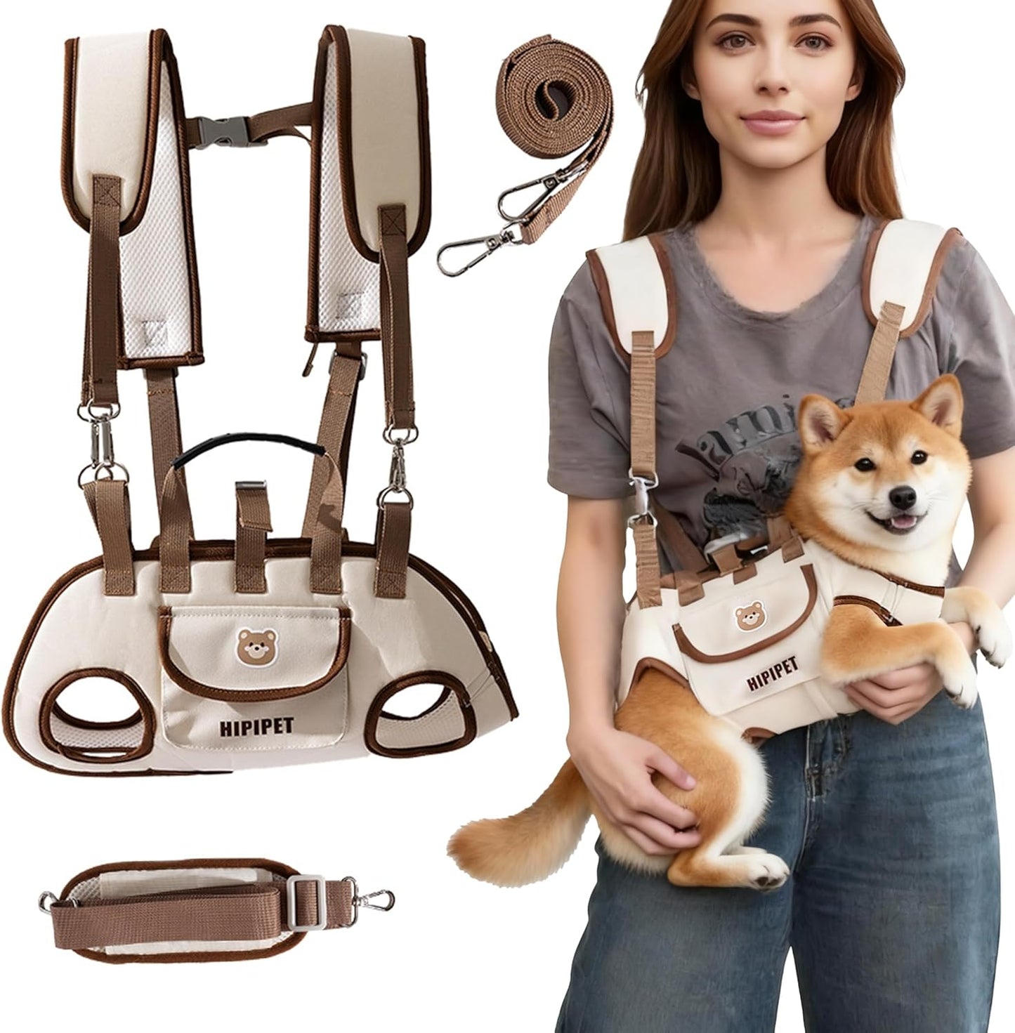 Dog Sling Backpack Carriers - Adjustable Pet Lift Harness Gear, Breathable Dogs Carrying Lifting with Traction Leash Shoulder Straps and Treat Bag for Walking Hiking Travel (M, 8-13lbs)