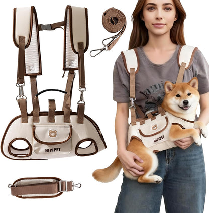 Dog Sling Backpack Carriers - Adjustable Pet Lift Harness Gear, Breathable Dogs Carrying Lifting with Traction Leash Shoulder Straps and Treat Bag for Walking Hiking Travel (M, 8-13lbs)