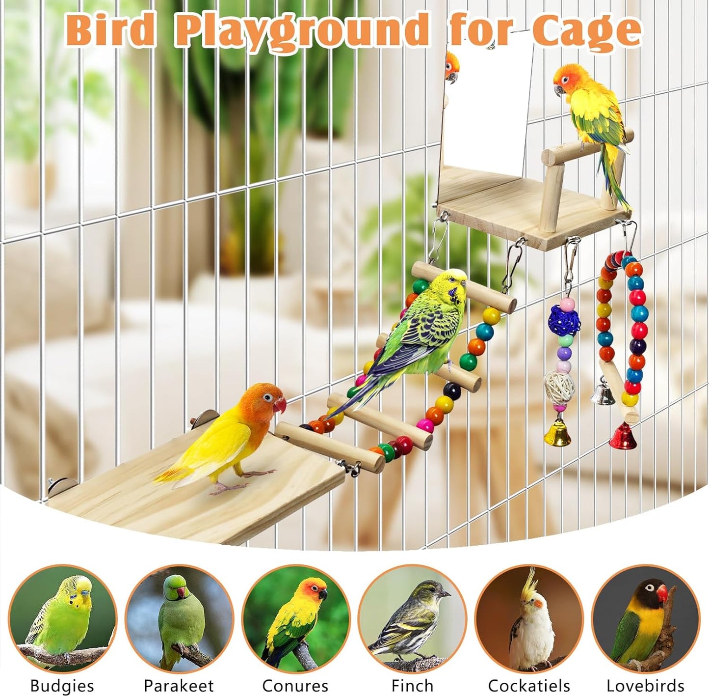 BNOSDM 6in1 Bird Perch Platform Swing Wooden Parakeet Toys with Mirror Playground Climbing Ladder Bird Cage Accessories for Parrot, Budgies, Conures, Finch, Cockatiels, Lovebirds