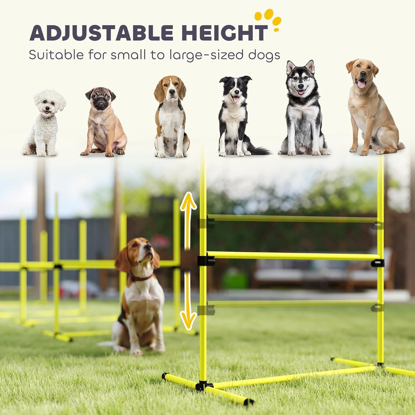 PawHut 4 Piece Dog Agility Training Equipment for Dog Agility Course with Adjustable Height Jump Bars, Included Carry Bag, & Displacing Top Bar, Yellow