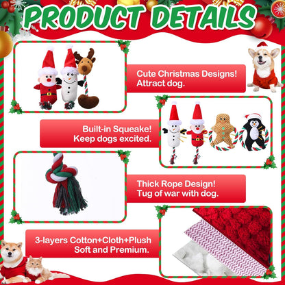 7 Pcs Christmas Dog Toys Christmas Squeaky Interactive Dog Toys with Crinkle, Plush Pet Chewing for S/M/L Dogs to Keep Busy Santa, Penguin, Snowman, Deer, Gingerbread Man, Stocking, Bone