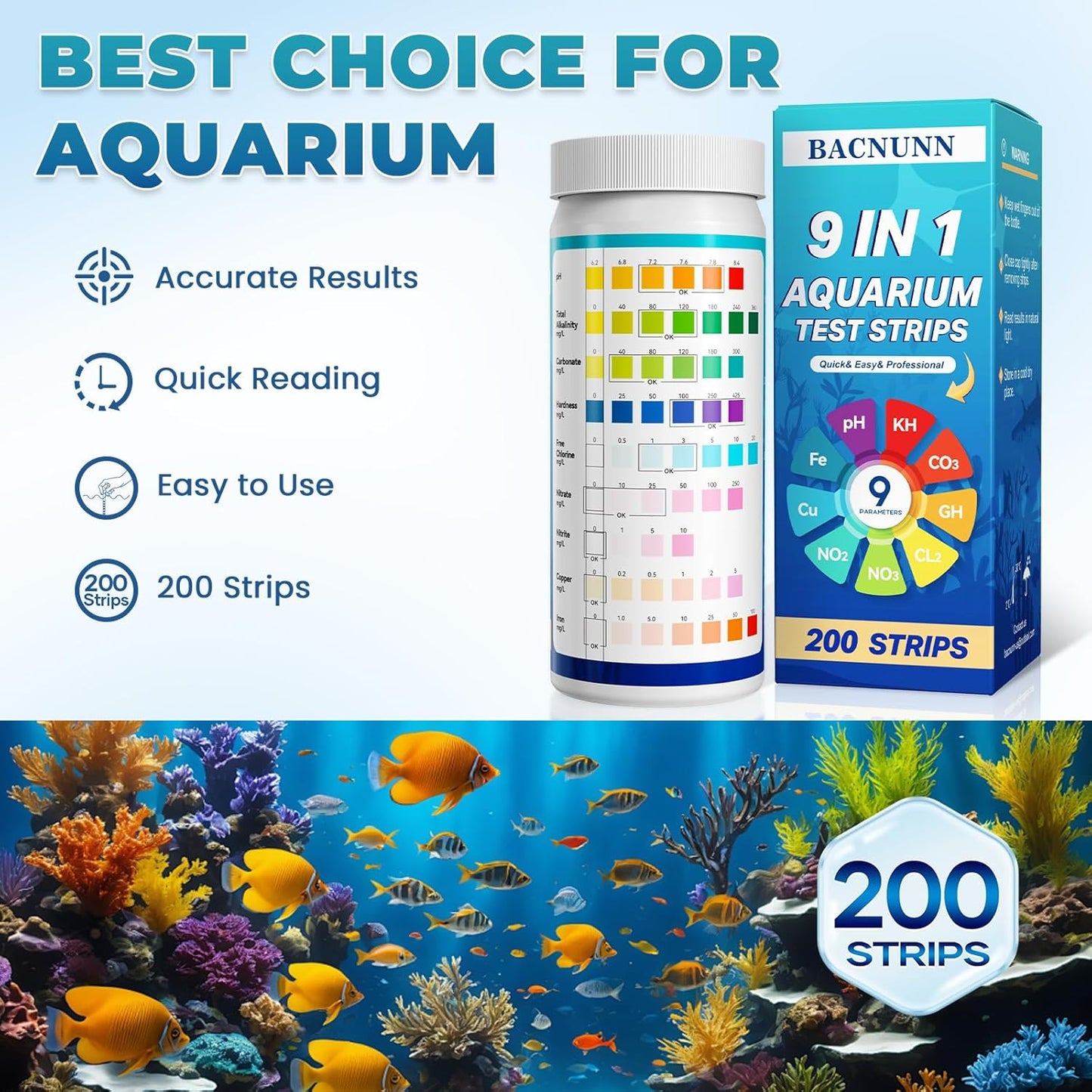 Aquarium Test Strips: 200CT 9 in 1 Quick & Accurate Fish Tank Water Testing Kit for Freshwater Pond Testing Nitrate Nitrite Hardness Free Chlorine pH Carbonate Total Alkalinity Copper Iron