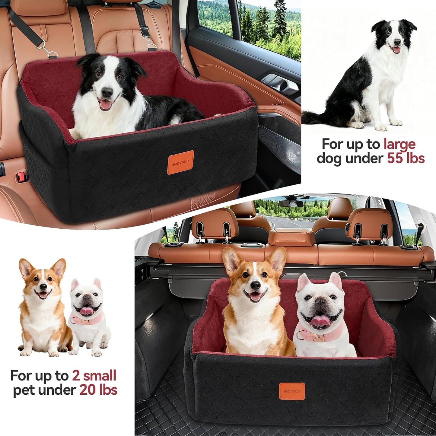 Dog Car Seat for Medium/Large Dogs, Memory Foam Pet Booster Seat for Under 55 lbs or 2 Small Dogs, Detachable Dog Car Bed for Backseat with 2 Safety Leashes and Pockets (Black/Red, Large)