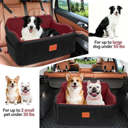 Dog Car Seat for Medium/Large Dogs, Memory Foam Pet Booster Seat for Under 55 lbs or 2 Small Dogs, Detachable Dog Car Bed for Backseat with 2 Safety Leashes and Pockets (Black/Red, Large)
