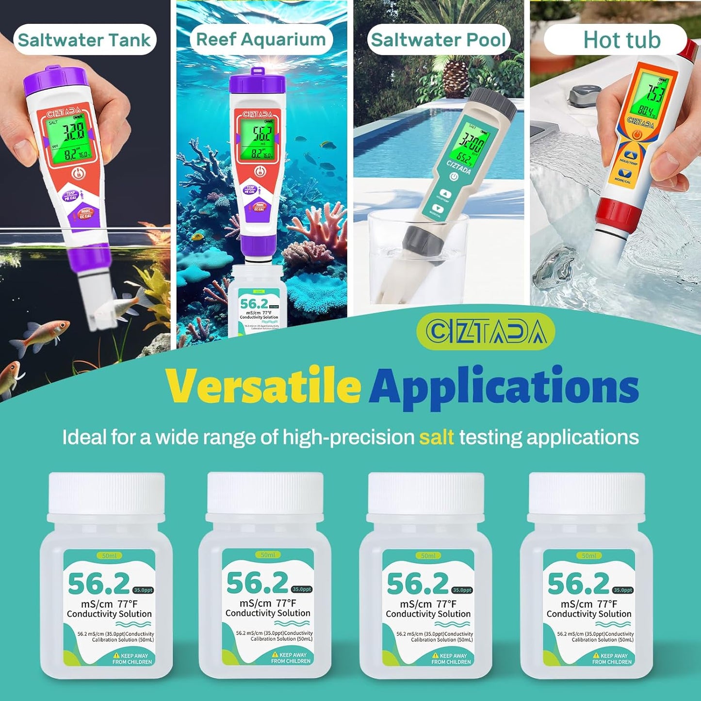 Digital Salinity Tester and 56.2mS/cm(35.0 PPT) Calibration Solution Combo for Saltwater Pool, Seawater, Aquarium, Fish Tank