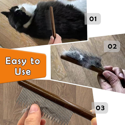 3 Pack Solid Wood Cat Combs, Stainless Steel Teeth for Cat Dog Rabbit Massage, Flea Lice Comb Removes Mats, Tangles and Loose Fur, Grooming Comb for Small Medium Pets