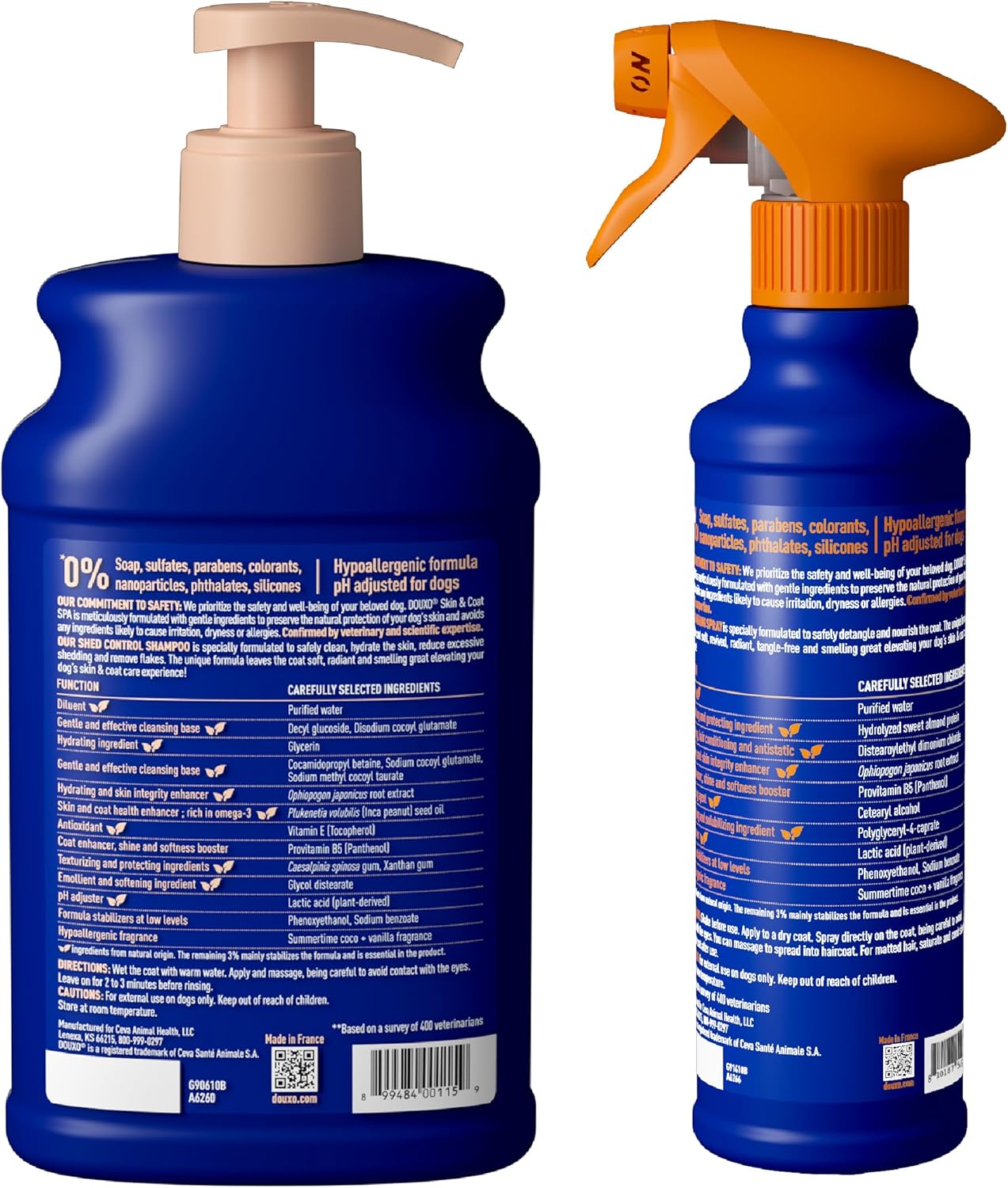DOUXO® Skin & Coat SPA – Ultra-Safe Combo for Dogs, Shed Control Shampoo (16 fl oz, Cleanses & Reduces Shedding) + Detangling Spray (10 fl oz, Safely Detangles)