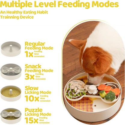 Puzzle Feeder Slow Feeder Dog Bowl with Lick Mat and Puzzle Inserts - Non-Slip Base, Adjustable Speed Design, Dishwasher Safe for Large Dogs,Yellow
