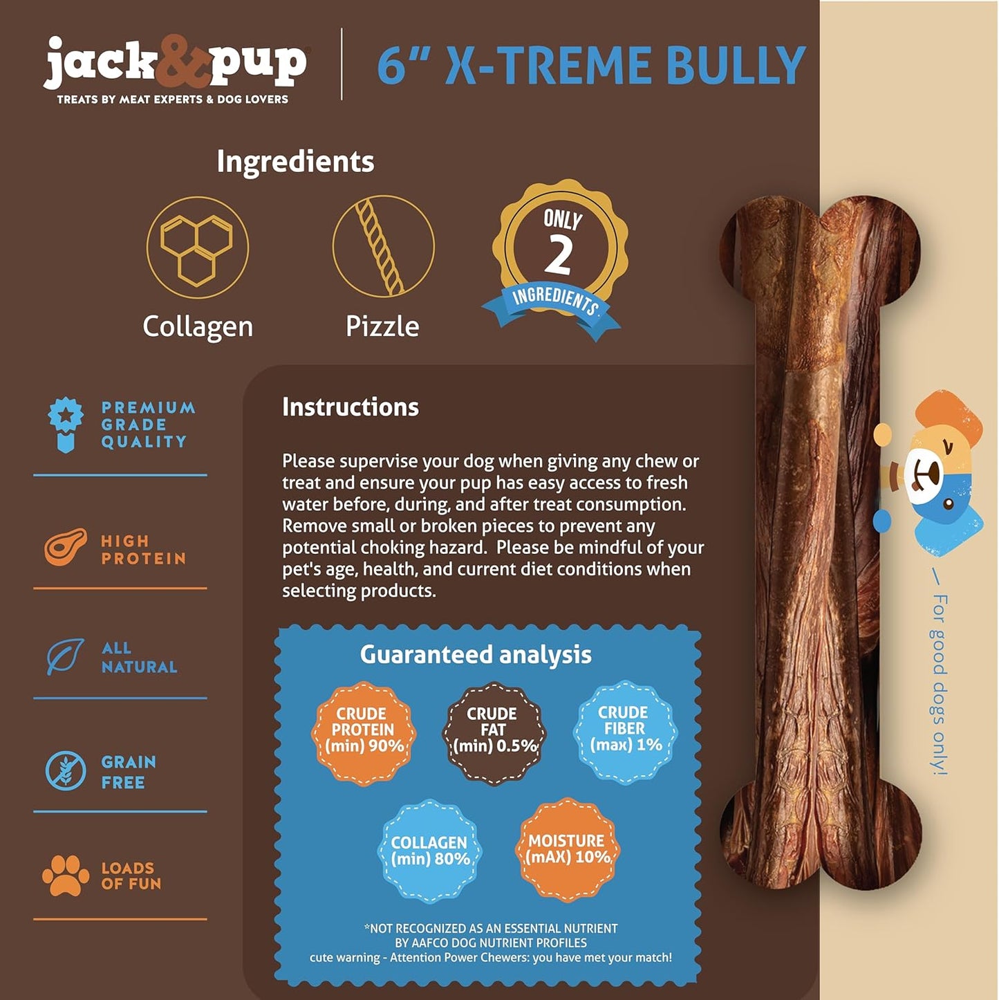 Jack&Pup 6" X-treme Bully Sticks for Large Dogs | Collagen + Pizzle Sticks for Dogs | 3X Longer Lasting for Aggressive Chewers (10 Count)