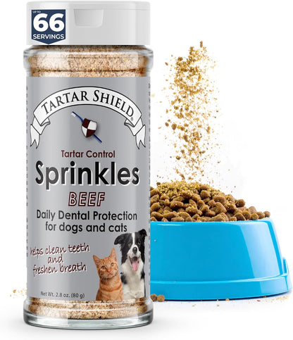 Tartar Shield Dental Sprinkles | Dog & Cat Food Topper Additive | Fights Tartar Plaque & Bad Breath Cleans Teeth & Gums | Pet Oral Health Support | USA Made | Low Calorie Human-Grade Beef