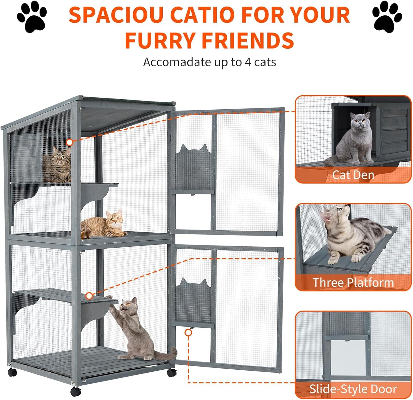 4 Tier Cat Enclosure, 69 Inch Large Catio with Wooden Cabin, Weatherproof Roof, Lockable Caster, Solid Steel, Spacious for Multi-Cat Families, Outdoor and Indoor Use, Grey