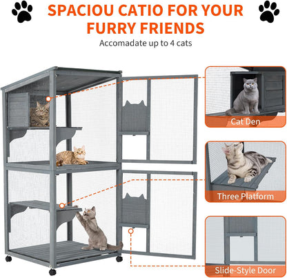 4 Tier Cat Enclosure, 69 Inch Large Catio with Wooden Cabin, Weatherproof Roof, Lockable Caster, Solid Steel, Spacious for Multi-Cat Families, Outdoor and Indoor Use, Grey