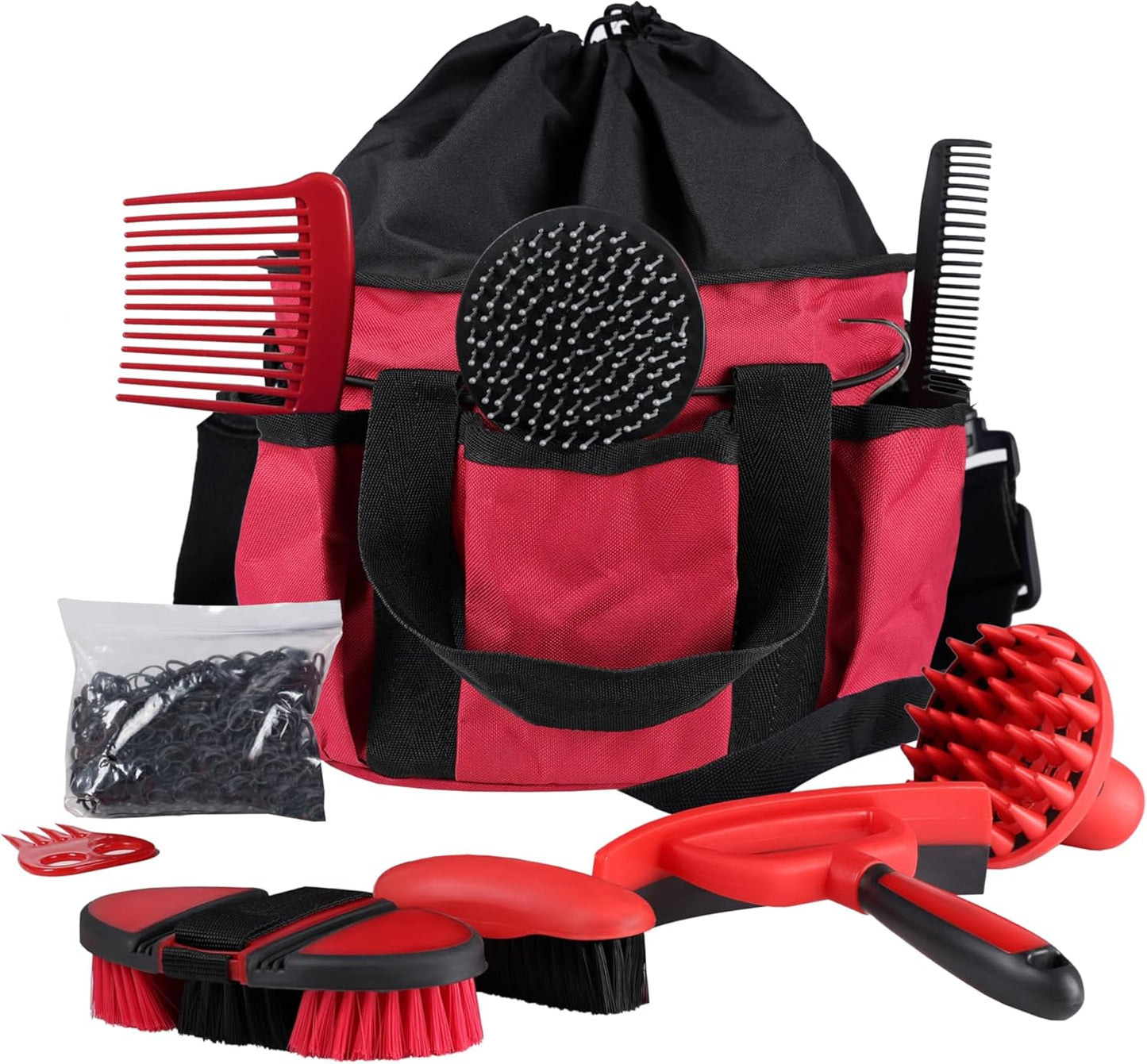Harrison Howard Horse Grooming Kit 9-Piece Equine Care Series Horse Brush Sets with Organizer Tote Bag Tack Room Supplies Shedding Grooming Massaging Tools Red
