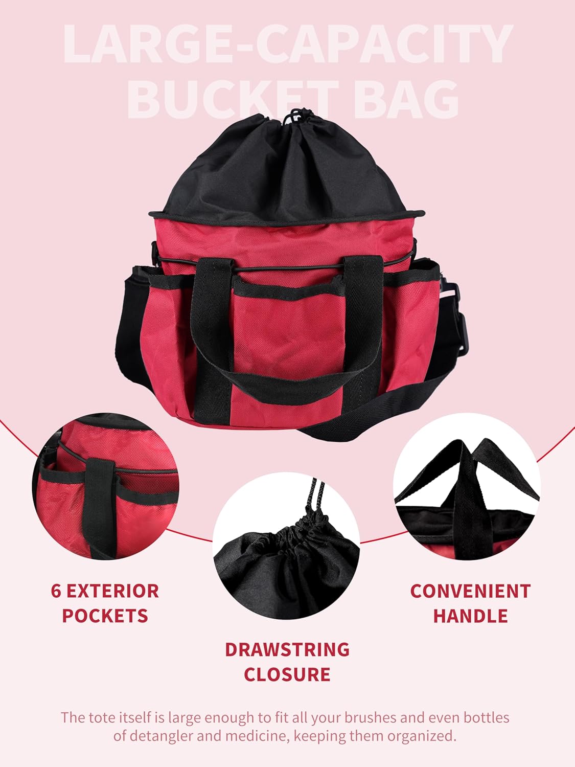 Harrison Howard Horse Grooming Kit 9-Piece Equine Care Series Horse Brush Sets with Organizer Tote Bag Tack Room Supplies Shedding Grooming Massaging Tools Red