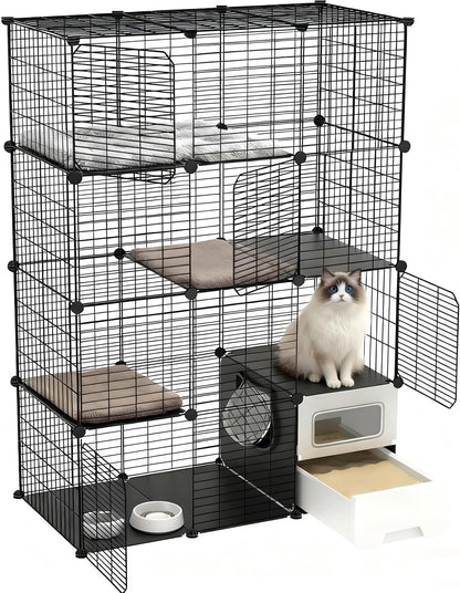 Cat Cage Indoor with Litter Box 4-Tier DIY Cat Crate, Cat Playpen Indoor & Outdoor Detachable Metal Wire Large Exercise Place Ideal