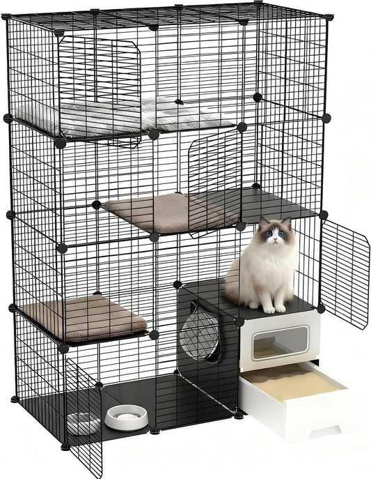 Cat Cage Indoor with Litter Box 4-Tier DIY Cat Crate, Cat Playpen Indoor & Outdoor Detachable Metal Wire Large Exercise Place Ideal