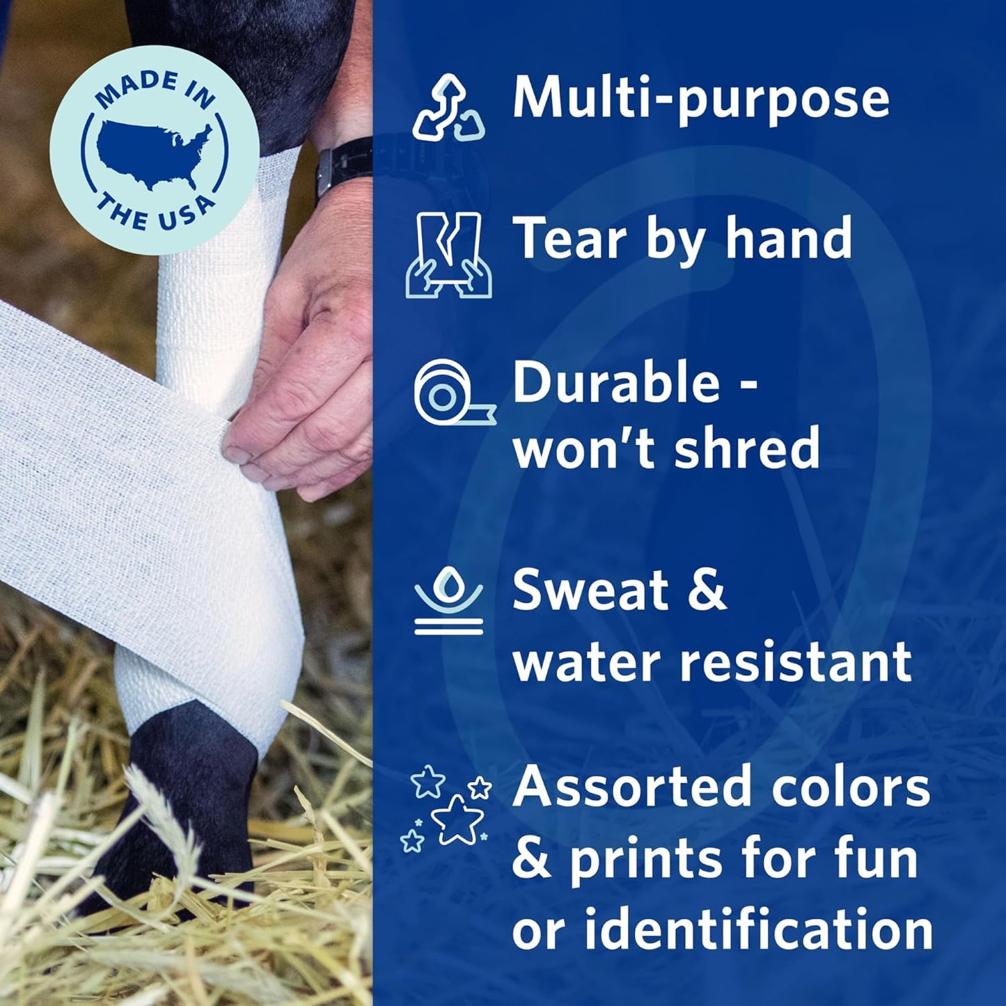 PowerFlex Equine – Extra Strong Self-Adhering Bandage Wrap – Wound Care, Compression & Support Bandage for Horses, Cows & Dogs – Blue, 4 inch, 4 Rolls (Resealable Case)