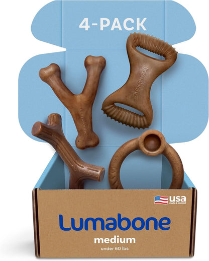 Lumabone Real Bacon Medium 4-Pack Durable Dog Chew Toys for Aggressive Chewers, Made in USA – Wishbone, Ring Stuffer, Dental Chew, Stick