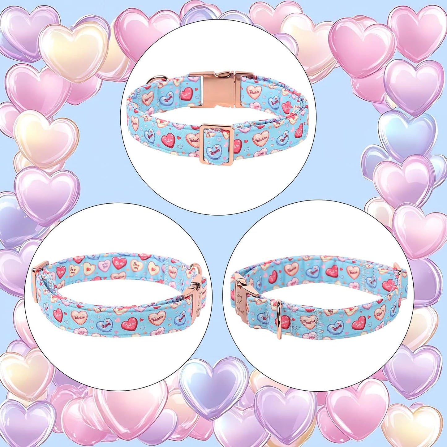 Valentines Dog Collar for Large Dogs - Cute Blue Heart Pattern Puppy Collar Sweet Valentine Adjustable Heavy Duty Pet Collar with Metal Buckle L