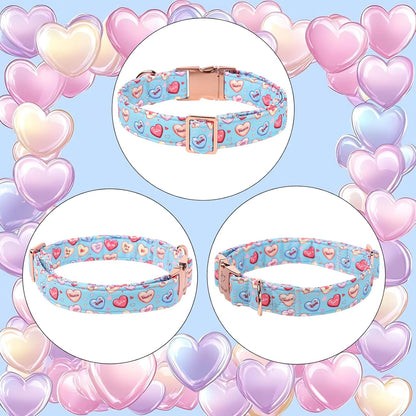 Valentines Dog Collar for Large Dogs - Cute Blue Heart Pattern Puppy Collar Sweet Valentine Adjustable Heavy Duty Pet Collar with Metal Buckle L