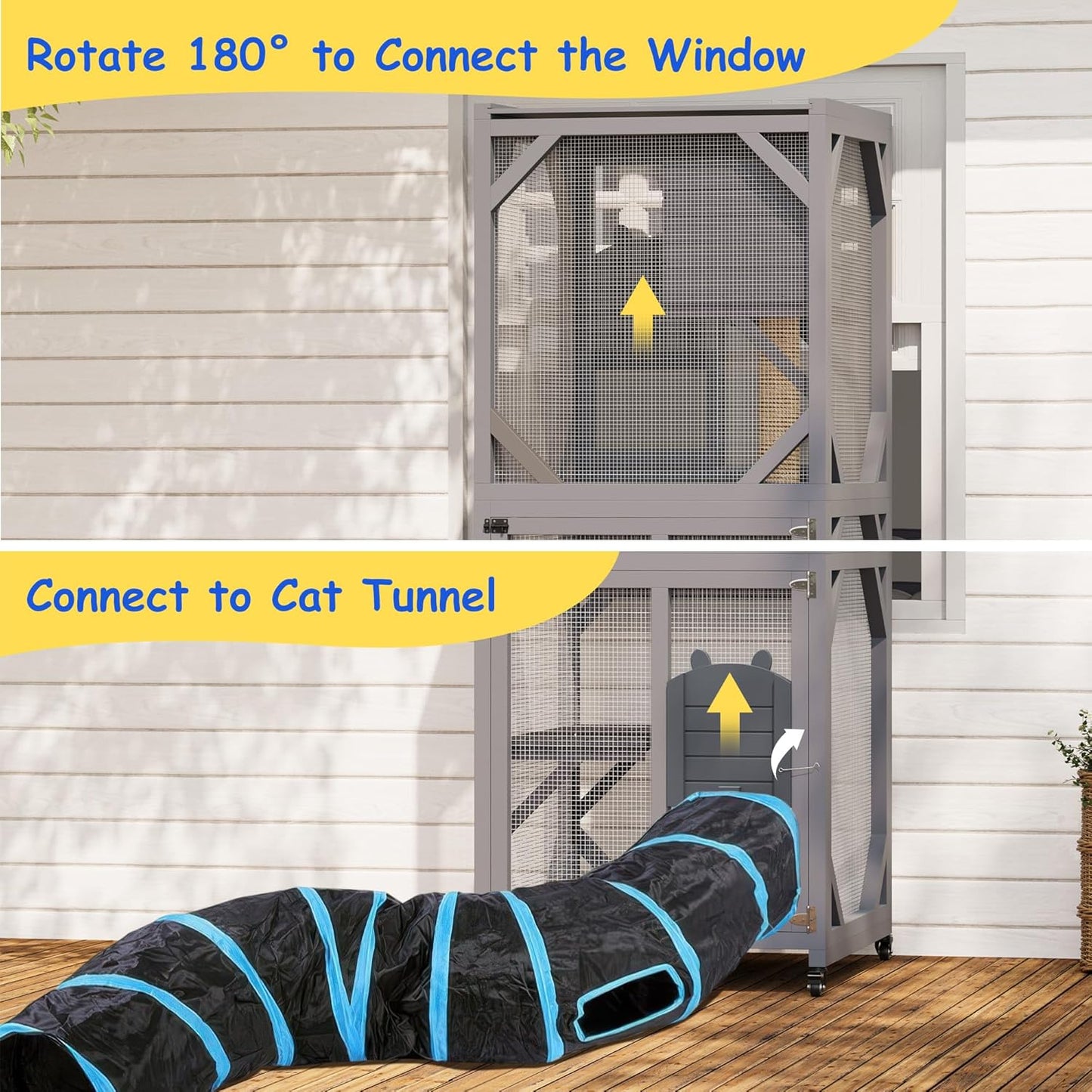 68'' Window Catio Outdoor Cat Enclosure On Wheels, Large Cats Kitty House with Waterproof Roof, Cat Playpen Outside Cattery with Platforms, Resting Box and Scratching Post