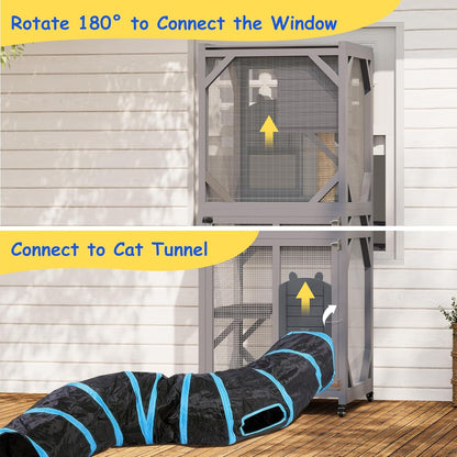 68'' Window Catio Outdoor Cat Enclosure On Wheels, Large Cats Kitty House with Waterproof Roof, Cat Playpen Outside Cattery with Platforms, Resting Box and Scratching Post