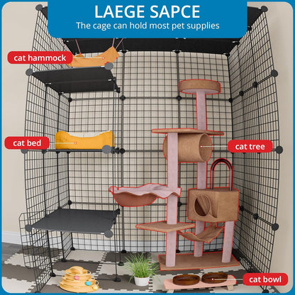Large Cat Cage, Enclosures Indoor with Balcony, DIY Playpen Detachable Metal Wire Kennels Crate 3x3x4 Large Exercise Place Ideal for 1-3 Cats