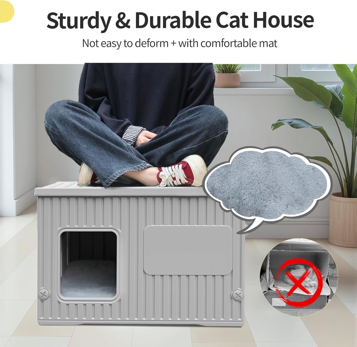 Waterproof Outdoor Cat House with Soft Mat, Plastic Cat Houses for Outdoor Cats Feral Cat House, Sturdy Cat Bed for Small Pet, Spacious, Assemble Easily-Grey