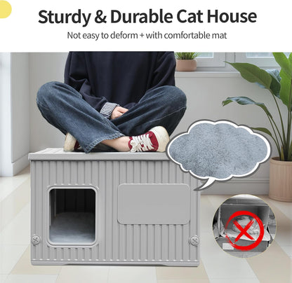Waterproof Outdoor Cat House with Soft Mat, Plastic Cat Houses for Outdoor Cats Feral Cat House, Sturdy Cat Bed for Small Pet, Spacious, Assemble Easily-Grey