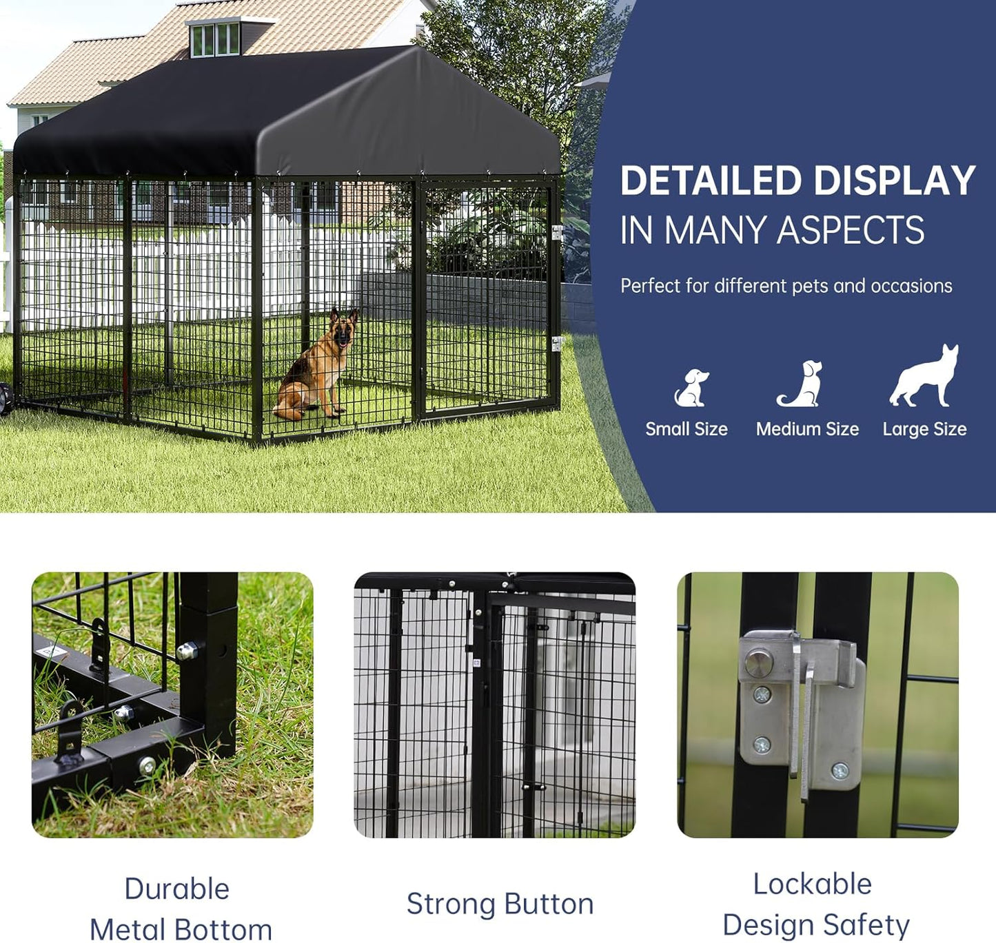 Large Outdoor Dog Enclosure,Heavy Duty Dog Cage with Roof,Galvanized Steel Dog Kennel Fence with Double Safety Locks(79”W x 79”D)